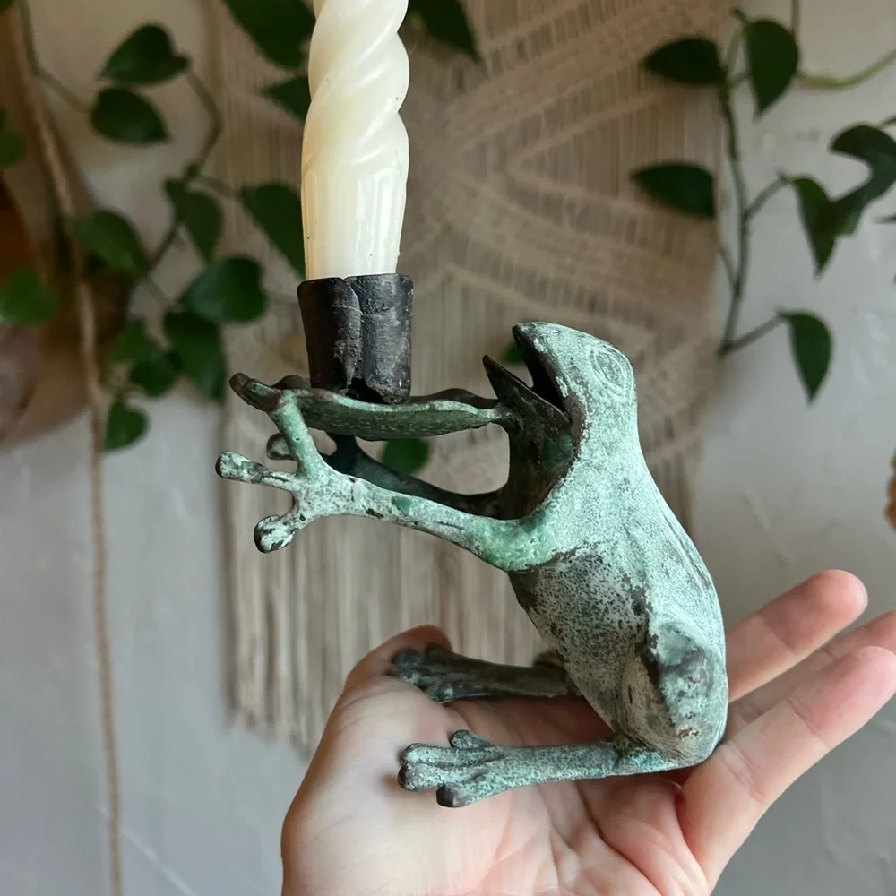 Vintage Cast Metal Frog Candle Holder – Verdigris Whimsical Cottagecore Decor